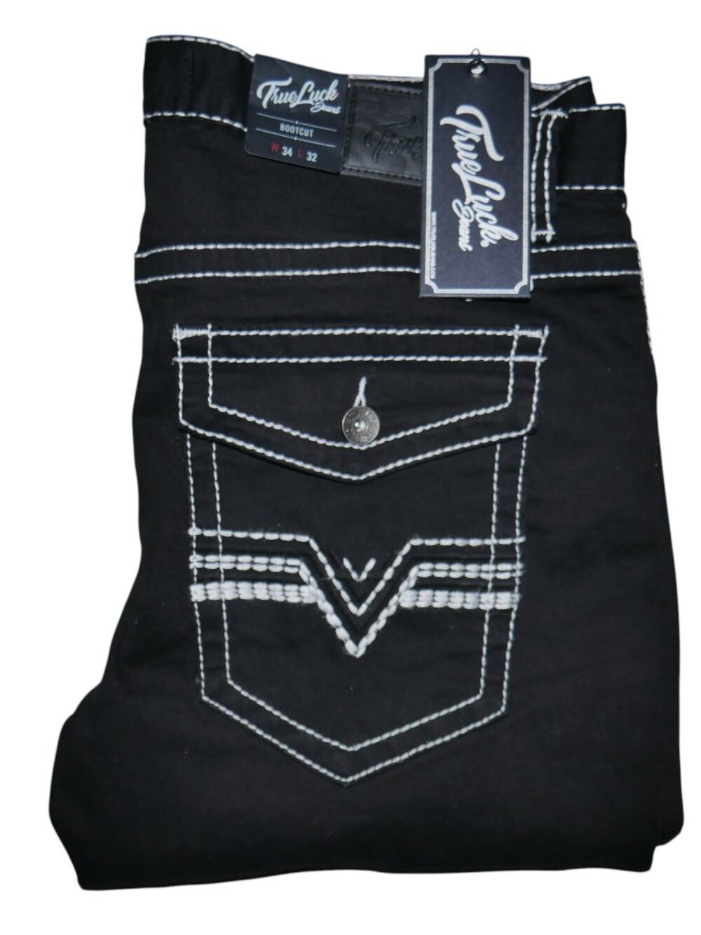 True Luck Men's Bootcut Jeans Size 34x32 Black Thick Stitch Embroidered BKE NWT